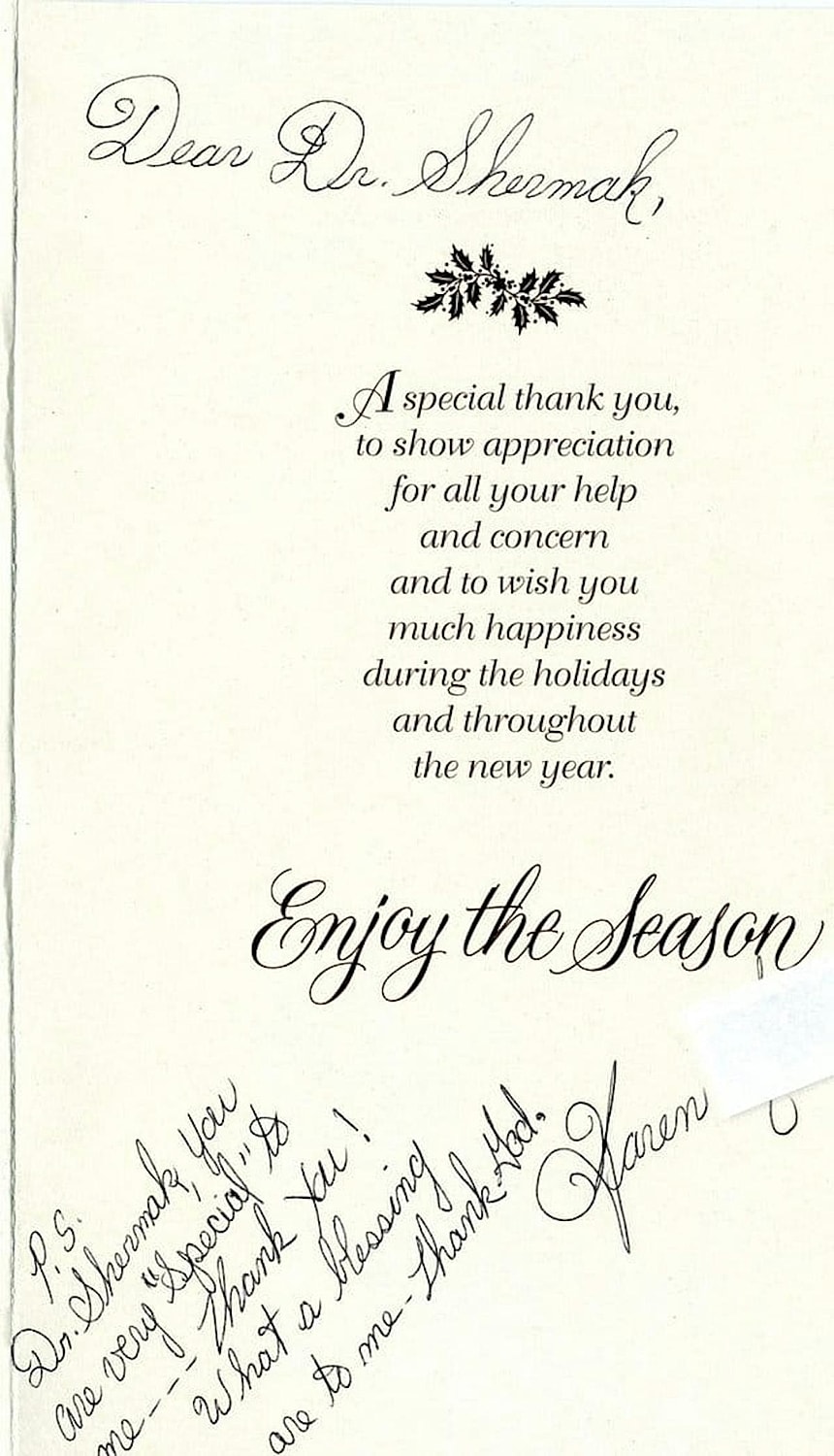 Thank you card expressing holiday wishes and appreciation.