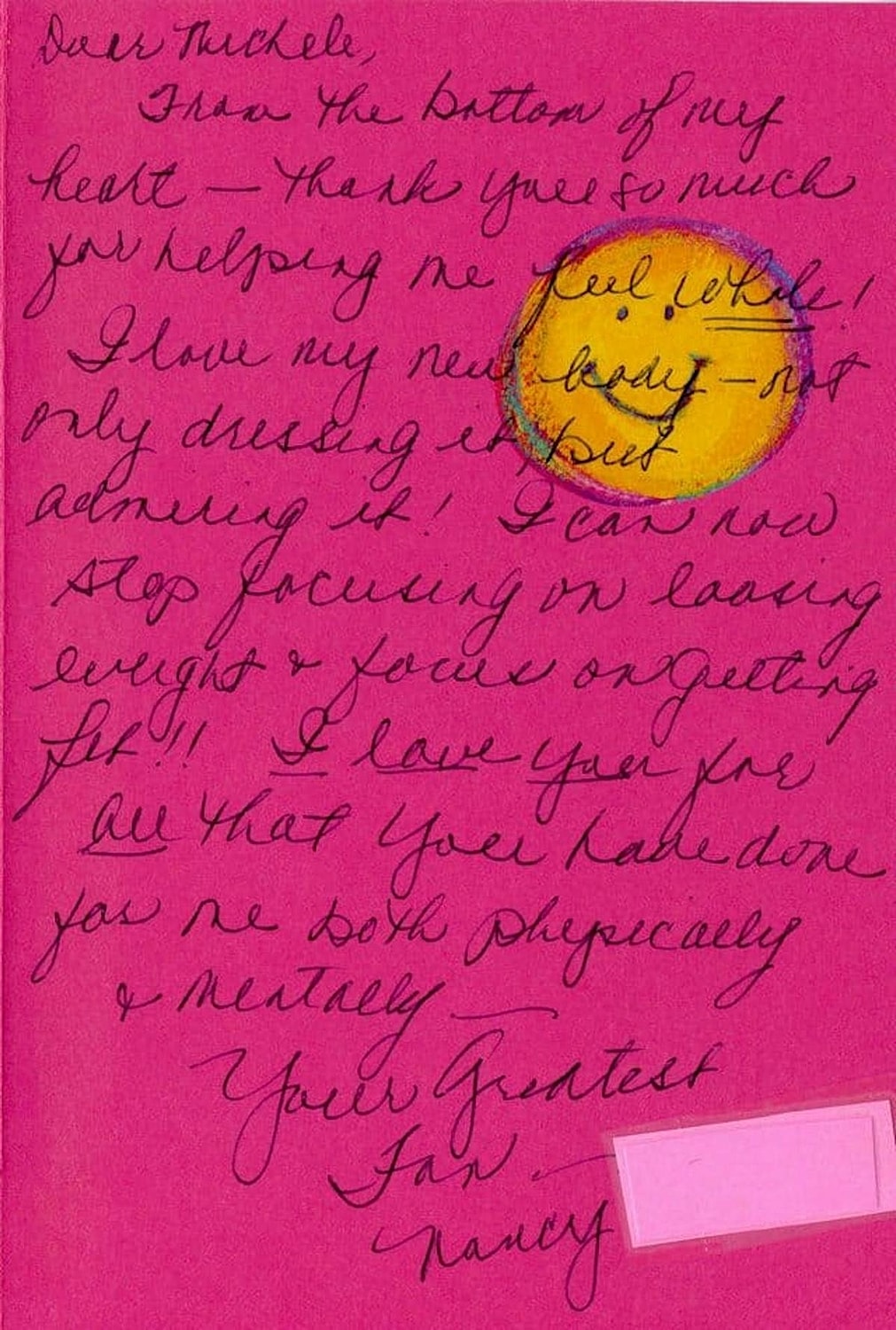 Handwritten thank you note on pink background.