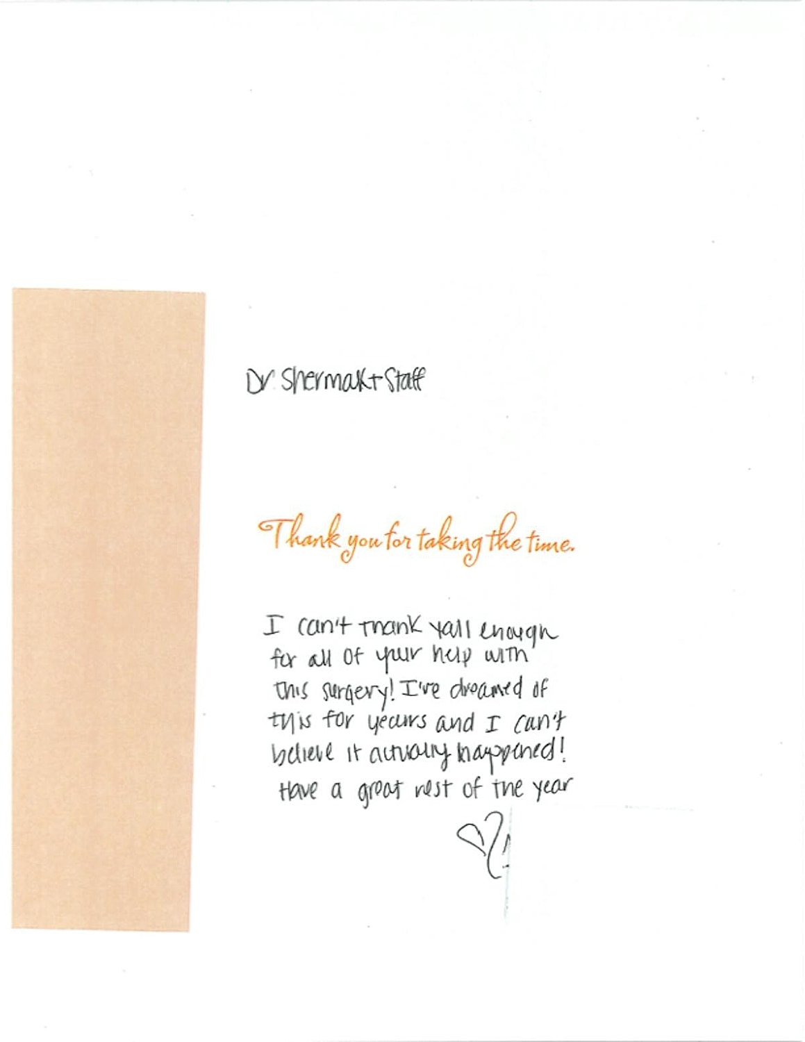 Thank you note expressing gratitude for surgery assistance.