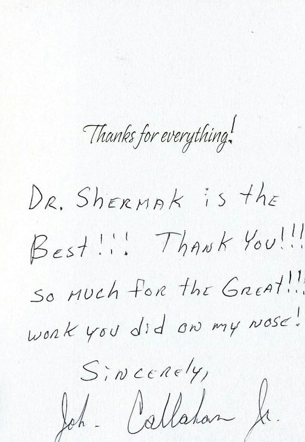 Thank you note for Dr. Shermak's services
