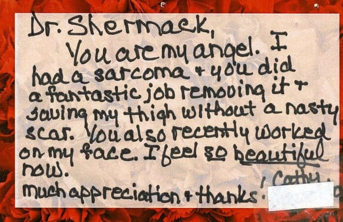 Thank you note to a doctor for care.