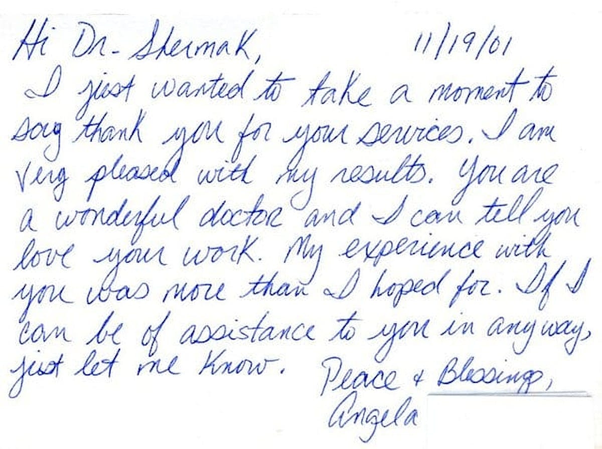 Thank you note to a doctor from patient.