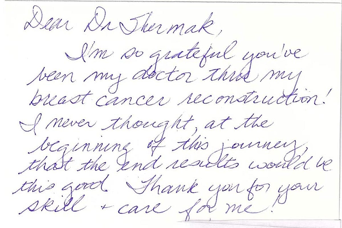 Handwritten thank-you note for breast cancer care.