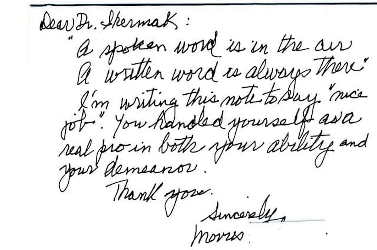 Handwritten note expressing appreciation and encouragement.