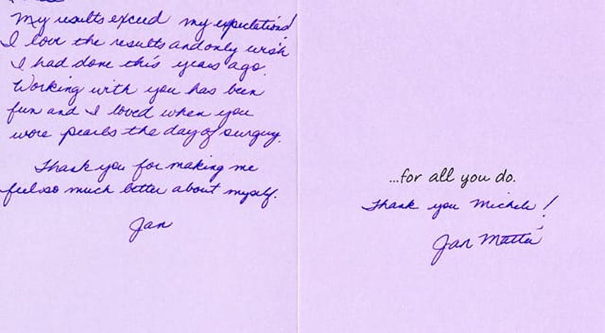 Handwritten thank you note on lavender paper.