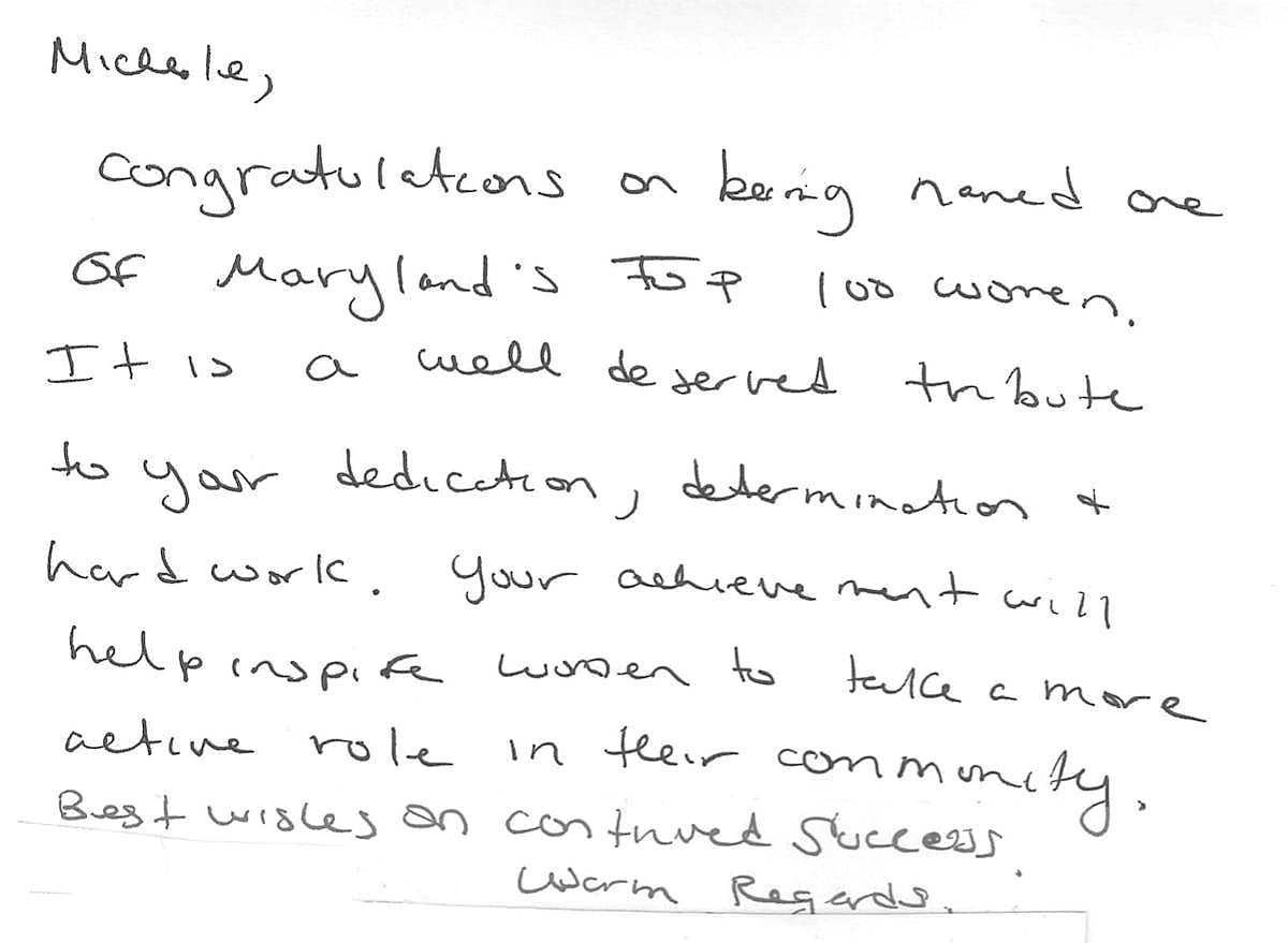 Congratulations letter for Maryland's top women award.