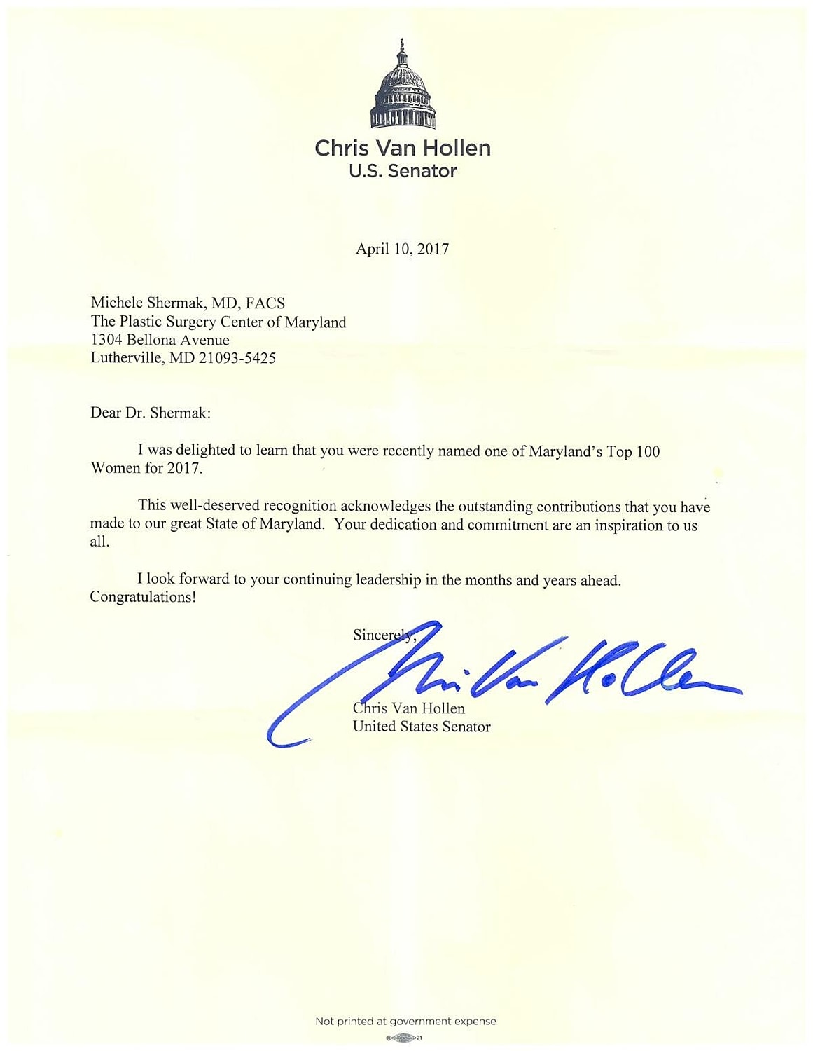 Letter congratulating Michele Shermak for recognition.