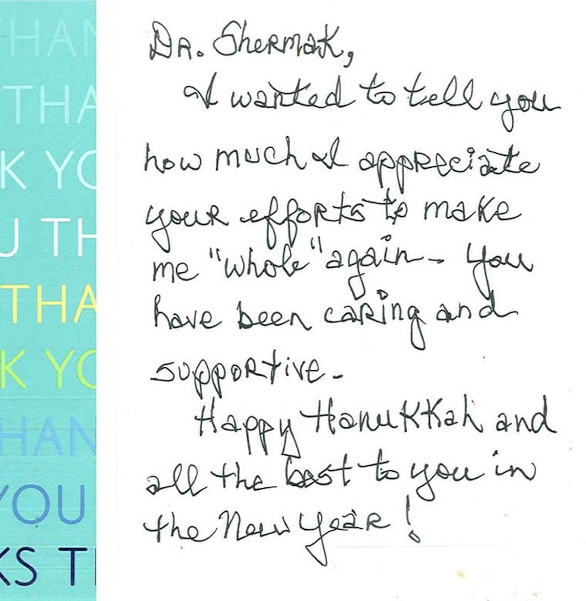 Handwritten thank you note for support and care.