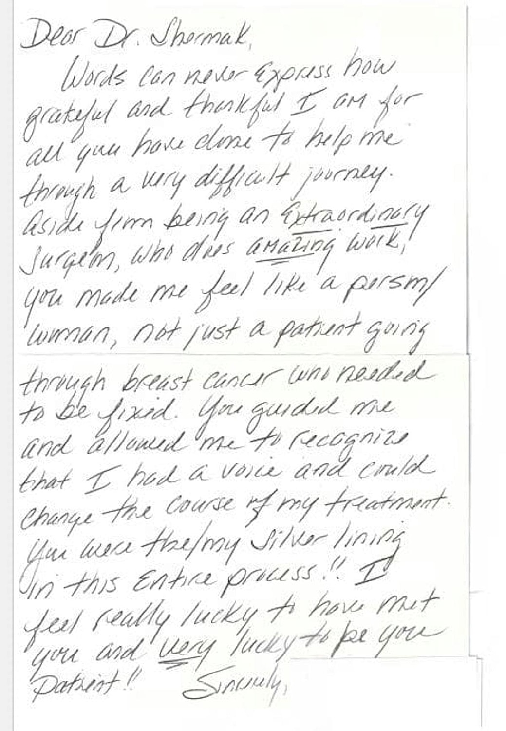 Thank you note to a doctor after treatment.