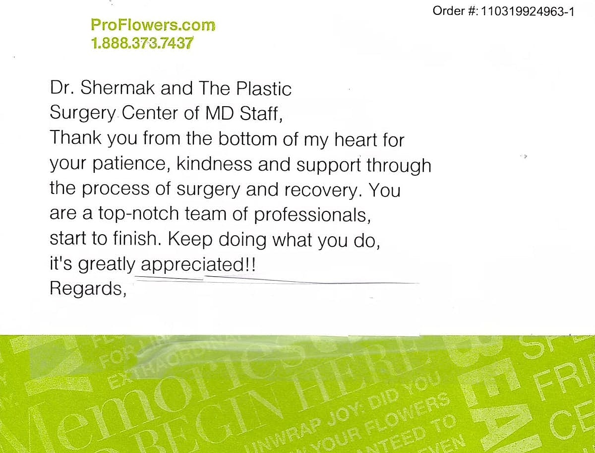 Thank you note for plastic surgery team.