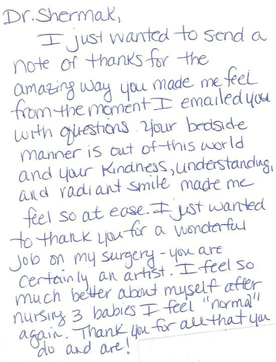 Thank you note to a doctor for care.