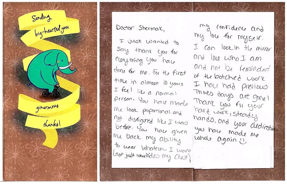 Thank you note with elephant illustration.