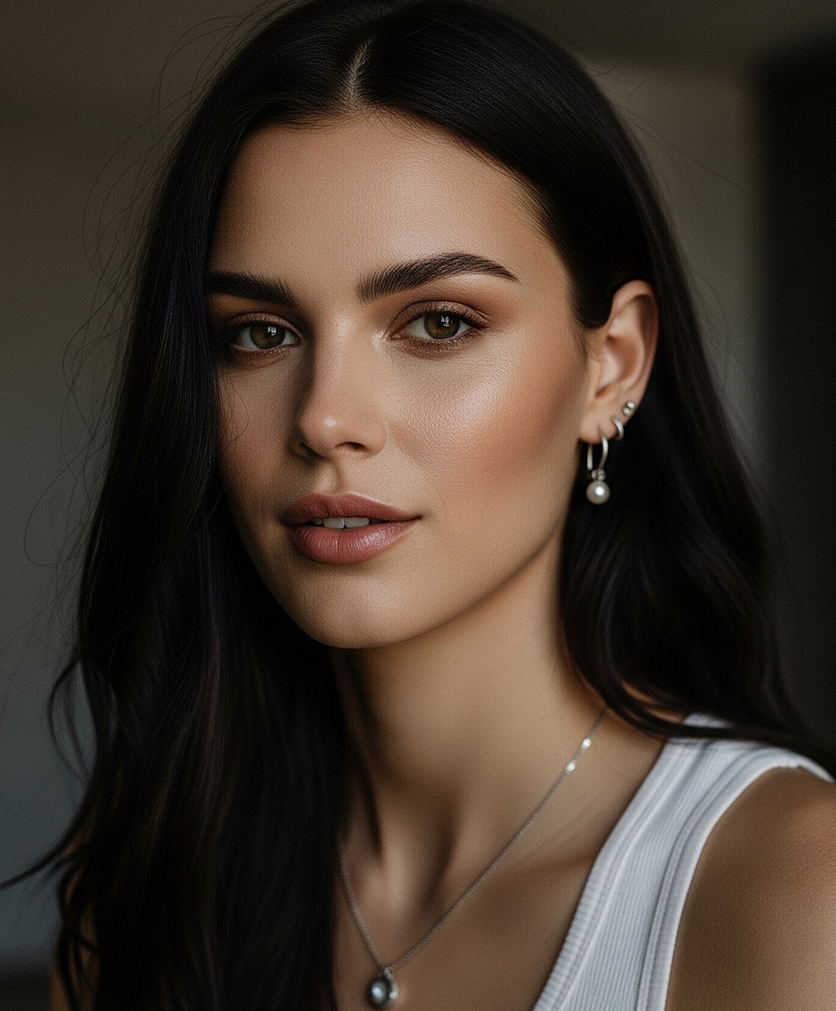 Model posing in a casual white outfit.