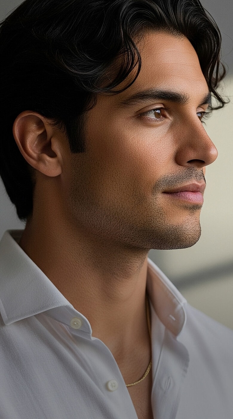 Profile of a man in a white shirt.